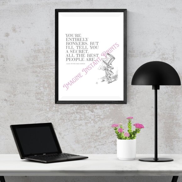 Alice in Wonderland Mad Hatter artwork print crazy bonkers funny quote - Picture 4 of 4
